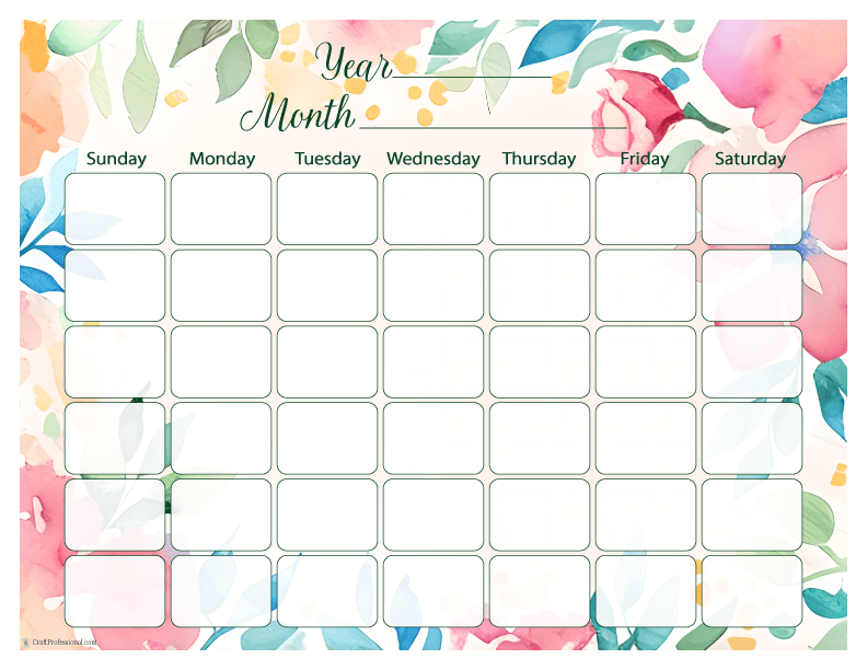 Blank monthly calendar, floral design