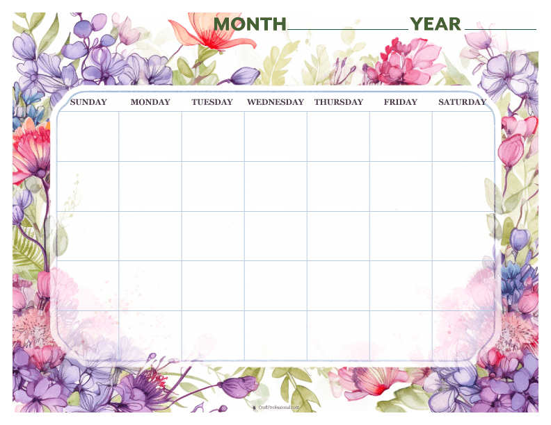 Blank monthly calendar, purple flower design