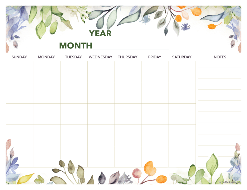 Blank monthly calendar, floral design with notes