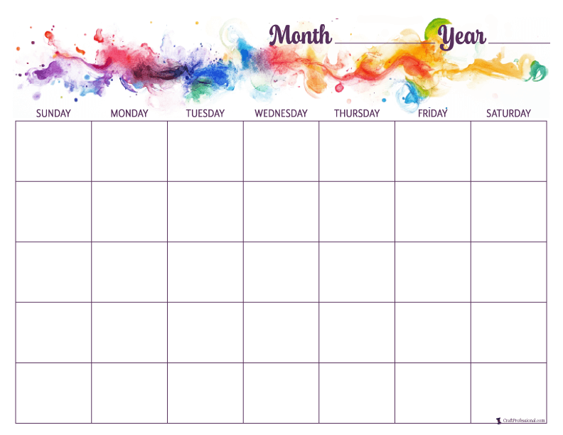 Printable blank monthly calendar with rainbow colored design