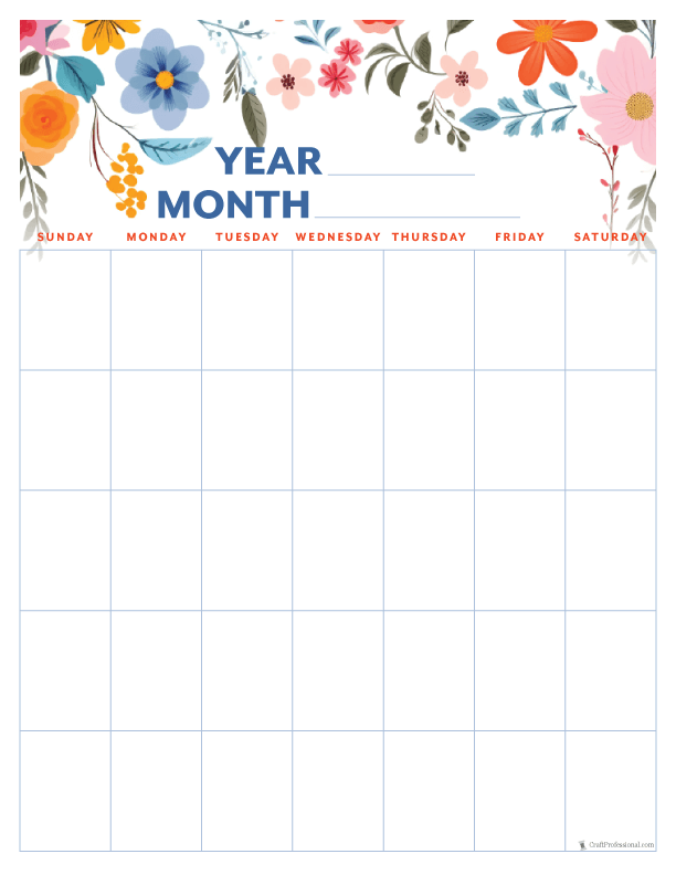 Blank monthly calendar, vertical folk art design