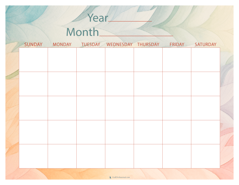 Blank monthly calendar, watercolor design