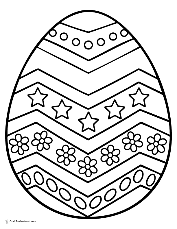 Easter egg coloring page with bold chevron zigzags, stars, flowers, and circles.