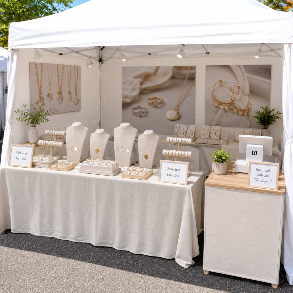 Handmade jewelry displayed at an outdoor craft show, front counter booth layout.
