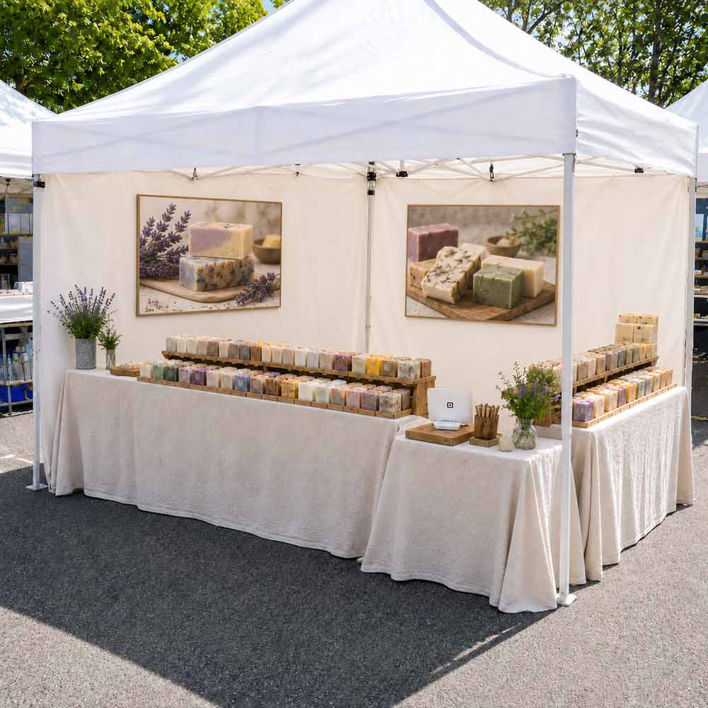 Handmade soap displayed in an outdoor craft show booth, exterior l-shaped layout.