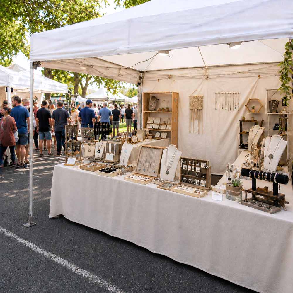 Handmade jewelry displayed in an outdoor craft show booth, front counter u-shaped layout.