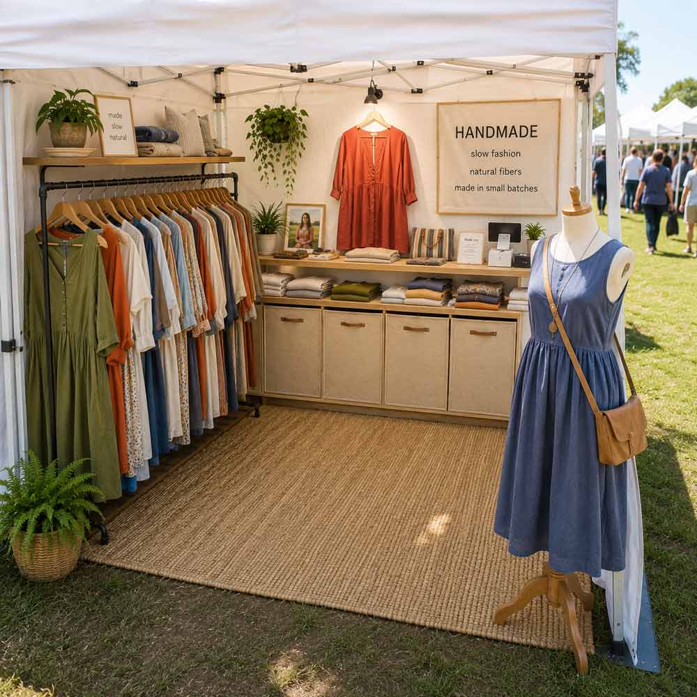 Handmade clothing displayed in an outdoor craft show booth, interior l-shaped layout.