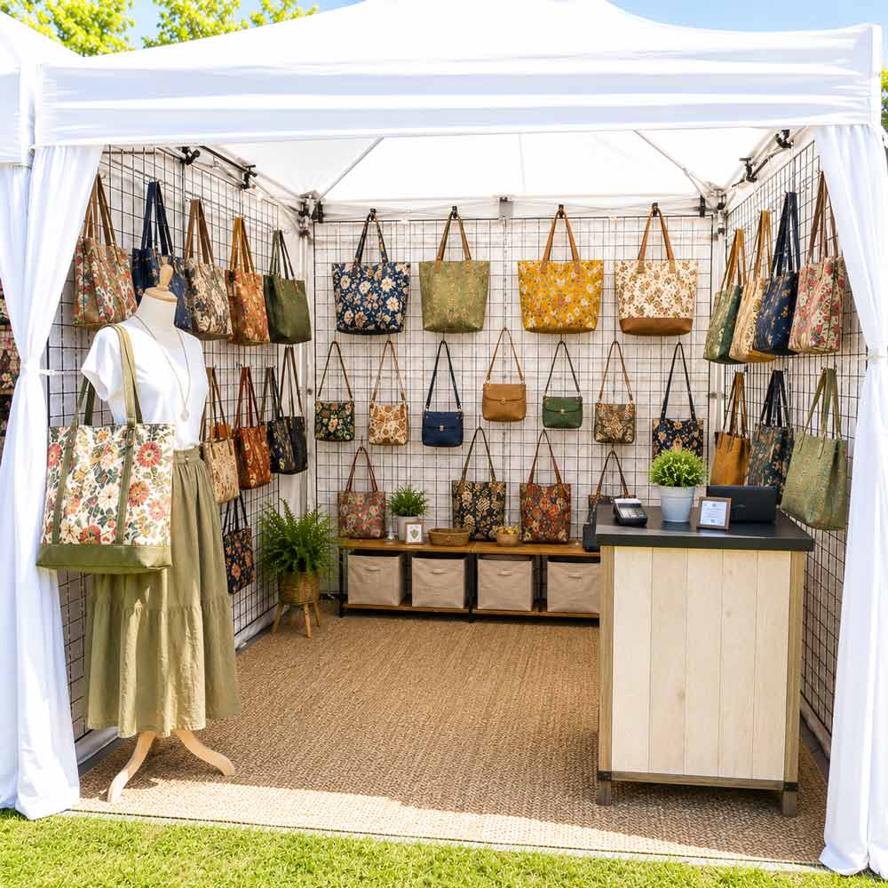 Handmade purses displayed in an outdoor craft show booth, interior u-shaped layout.