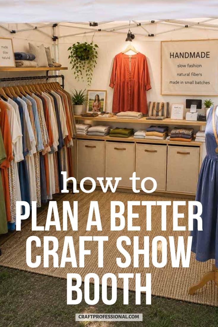 Organized craft show booth with display furniture arranged to improve product visibility and customer movement. Text: "How to Plan a Better Craft Booth"