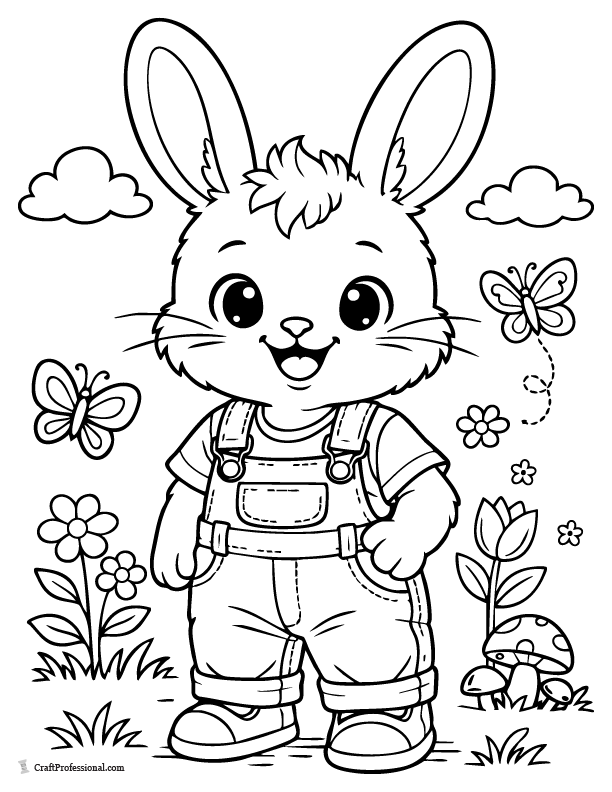 Cute boy Easter bunny wearing suspenders and smiling coloring page for kids.
