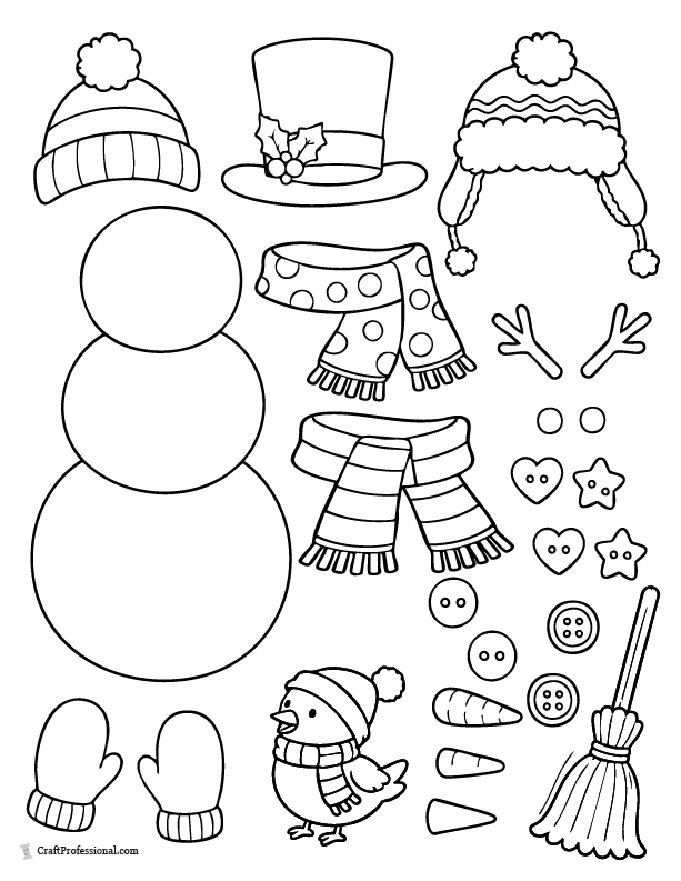 Build a snowman cut-and-color printable with separate hats, scarves, buttons, arms, and accessories.