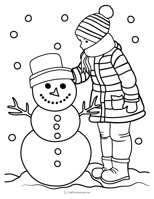 Coloring page: Child building a snowman with falling snowflakes in the background.