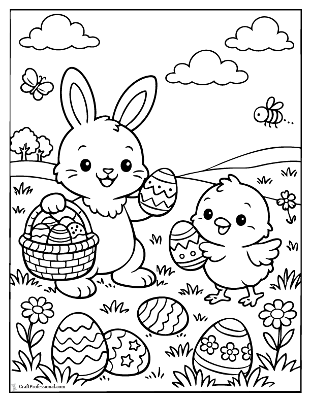 Bunny and chick Easter egg hunt scene coloring page printable.