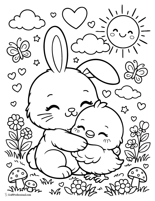 Cute Easter bunny and chick hugging friendship coloring page printable.