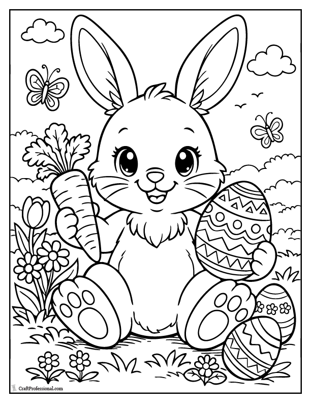 Cute Easter bunny holding a carrot and patterned egg coloring page printable.