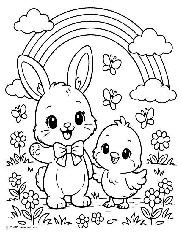 Cute bunny and chick in meadow with rainbow Easter coloring page.