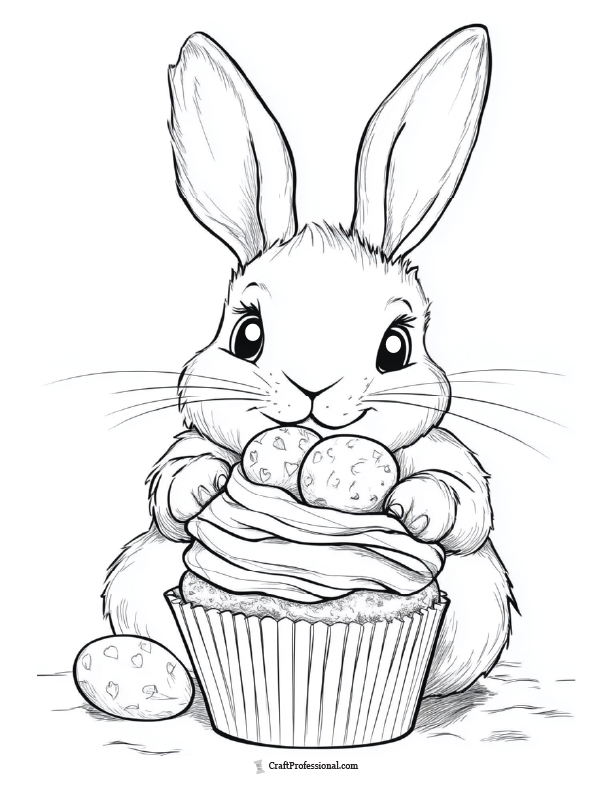 Bunny eating a cupcake, coloring page