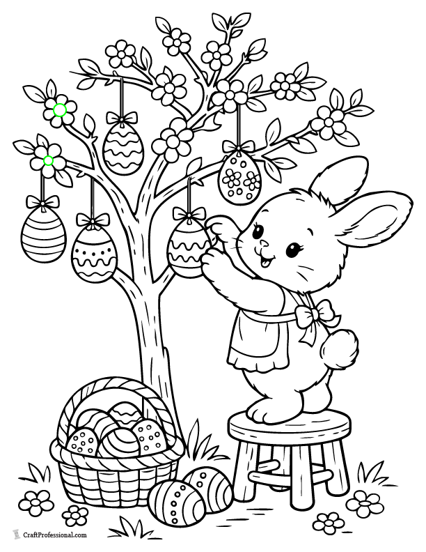 Cute bunny decorating Easter tree with hanging eggs coloring page printable.