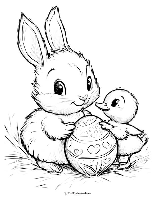 Bunny and duck with an Easter egg coloring page