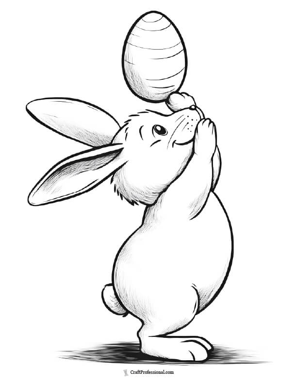cute bunny balancing an Easter egg on his nose, coloring page