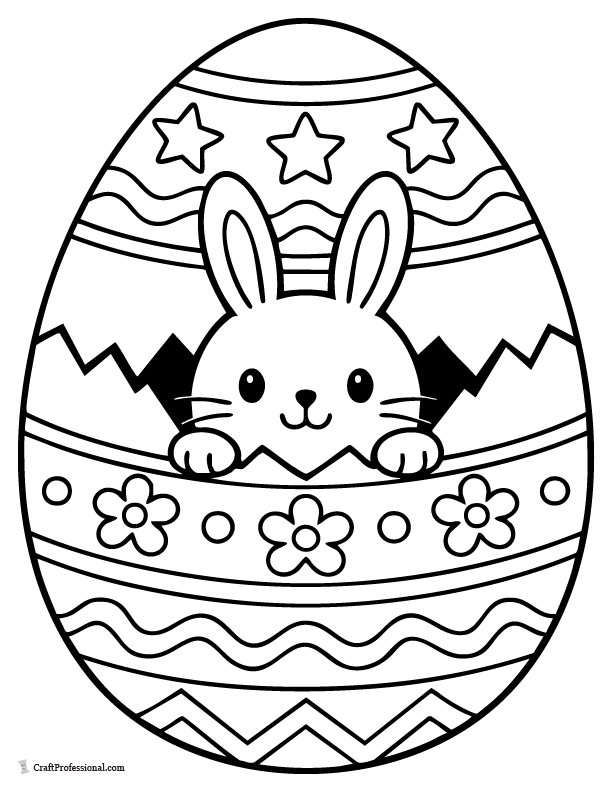 Cute bunny face inside large Easter egg coloring page for toddlers.