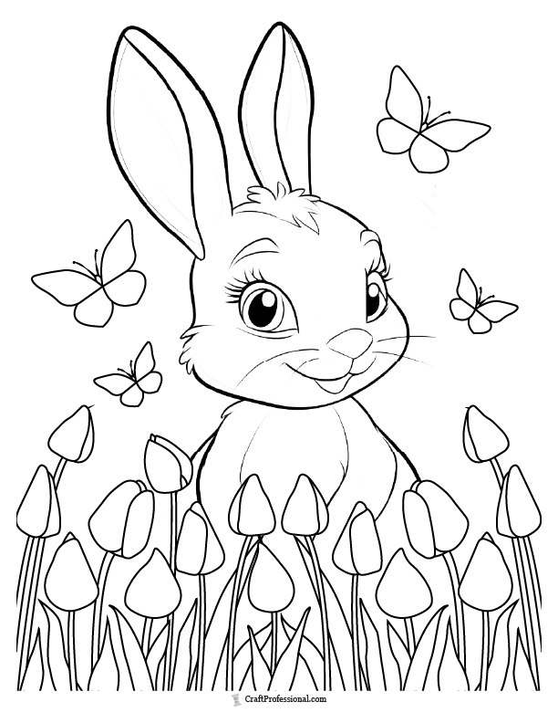 Bunny with tulips and butterflies coloring page