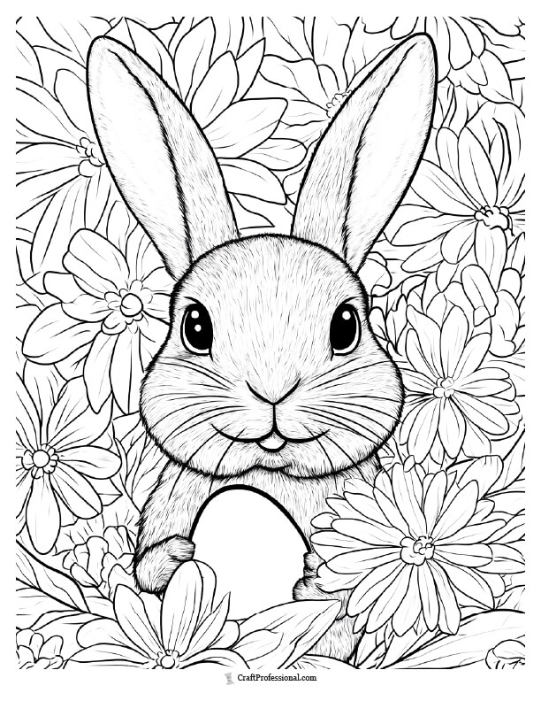 Detailed rabbit with flowers coloring page
