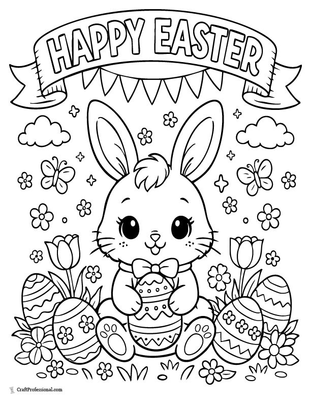 Cute Easter bunny holding Happy Easter banner coloring page printable.