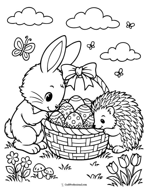 Easter bunny coloring page of a bunny and hedgehog peeking into a basket full of eggs.