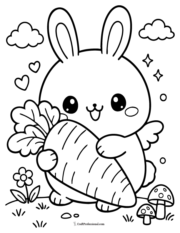 Cute bunny holding large carrot Easter coloring page printable.
