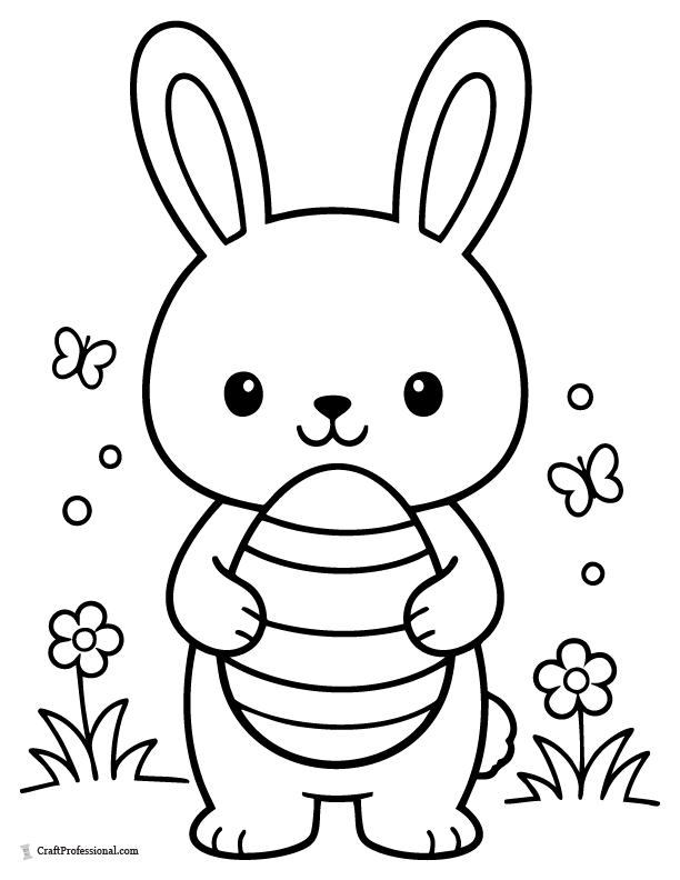 Simple front-facing bunny holding giant Easter egg coloring page.
