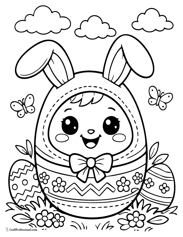 Easter egg coloring page wearing a bunny hood with floppy ears and a friendly face.