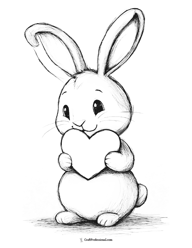 Cute bunny hugging a heart, coloring sheet
