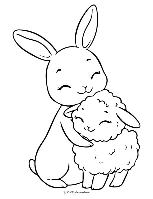 Bunny hugging a lamb coloring sheet