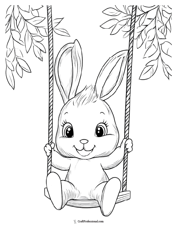 Rabbit on a swing coloring sheet