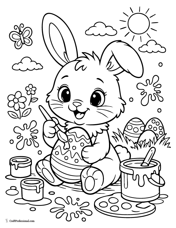 Easter bunny painting a decorated egg with paintbrush cute coloring page for kids.