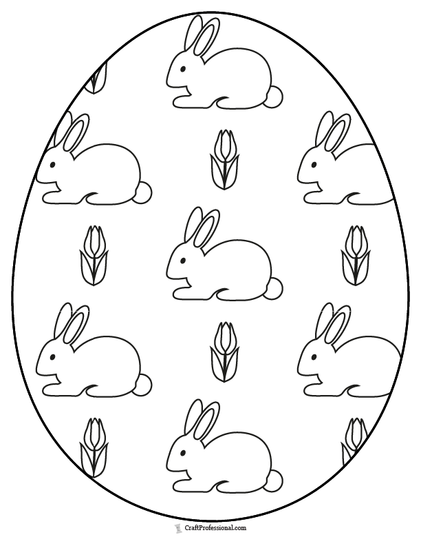 Easter egg with a pattern of bunnies and flowers, coloring page.