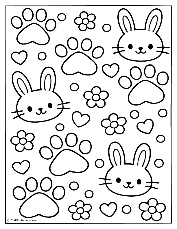 Cute Easter bunny paw prints pattern coloring page.