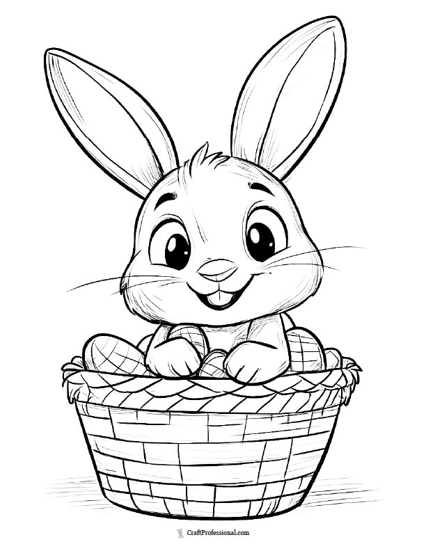 cute bunny peeking out of an Easter basket coloring page
