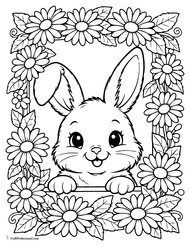 Easter bunny coloring page of a bunny face and paws peeking through a frame of daisies and leaves.