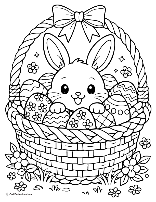 Cute Easter bunny peeking out of woven basket filled with eggs coloring page printable.