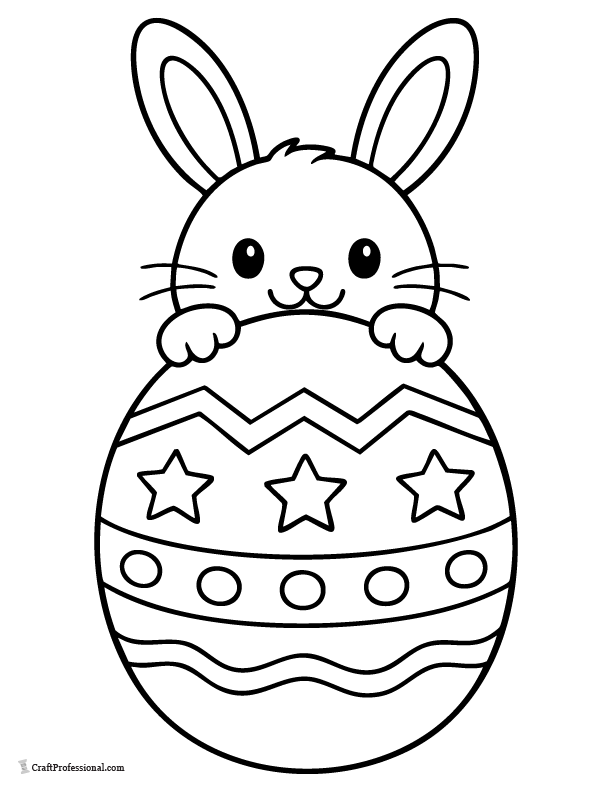 Cute bunny head peeking over Easter egg coloring page printable.