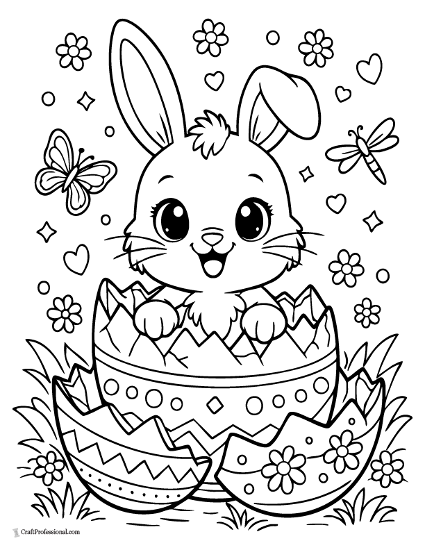 Cute Easter bunny popping out of cracked egg coloring page printable.