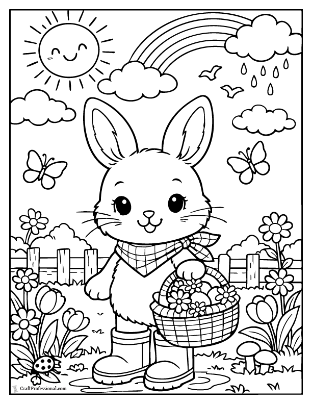 Cute bunny in rain boots holding Easter basket spring coloring page.