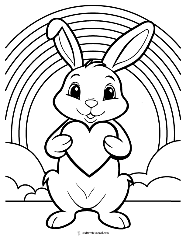 Bunny hugging a heart and standing in front of a rainbow, coloring page