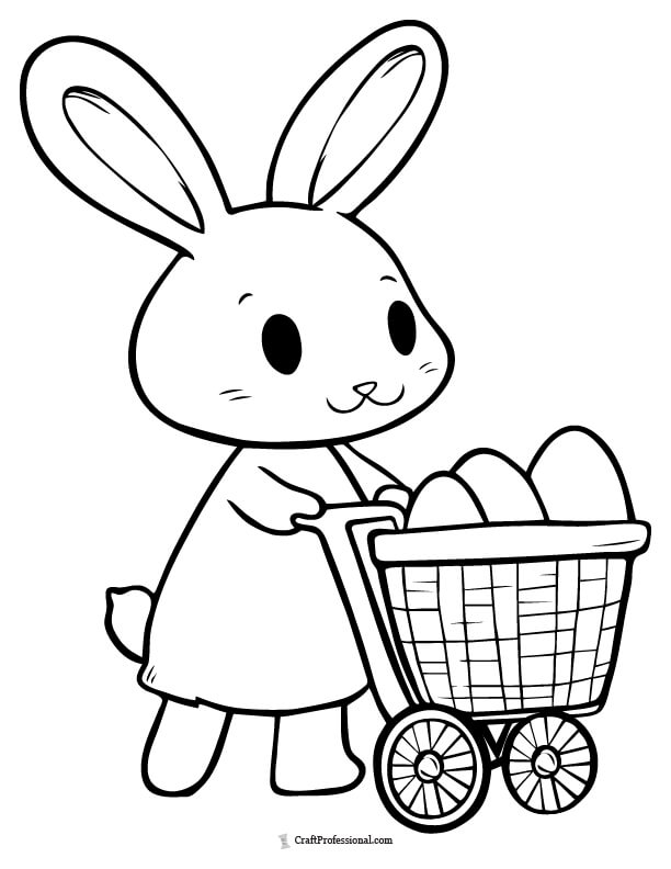 Bunny pushing a shopping basket coloring page