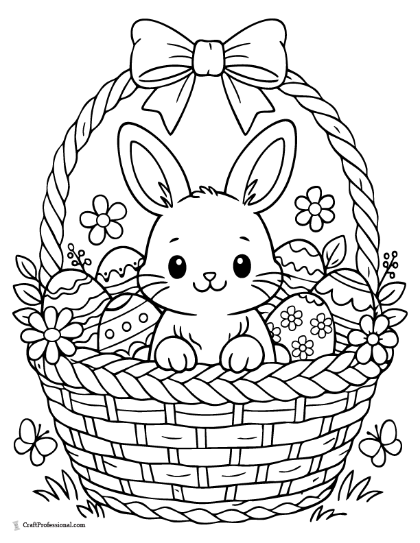 Fluffy bunny sitting inside Easter basket coloring page for kids.