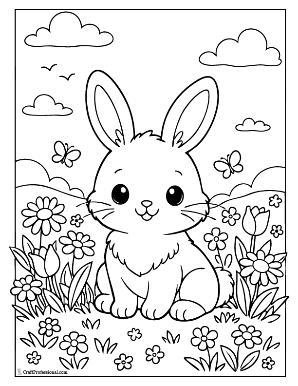Cute bunny sitting in grass with flowers Easter coloring page for kids.