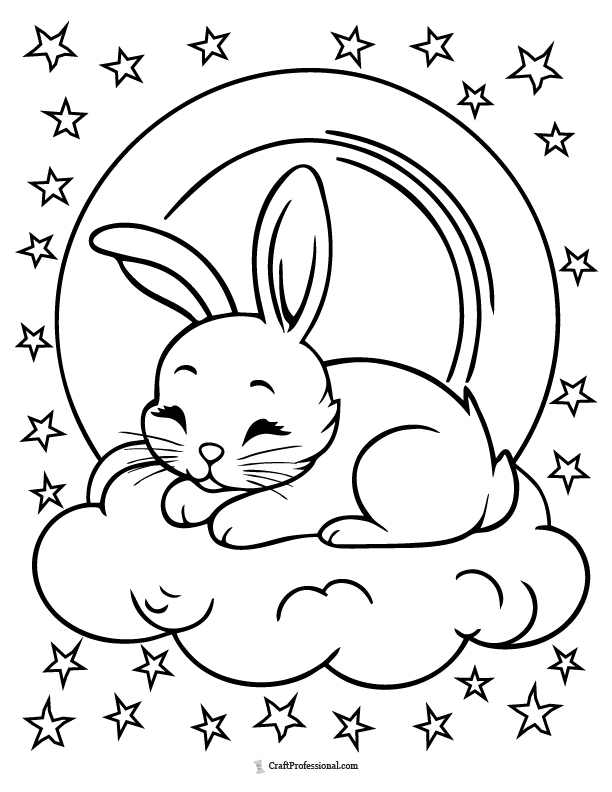 Baby bunny sleeping on a cloud, coloring page