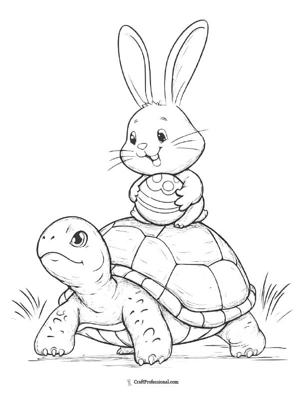 Bunny riding on a turtle, carrying an Easter egg, coloring page